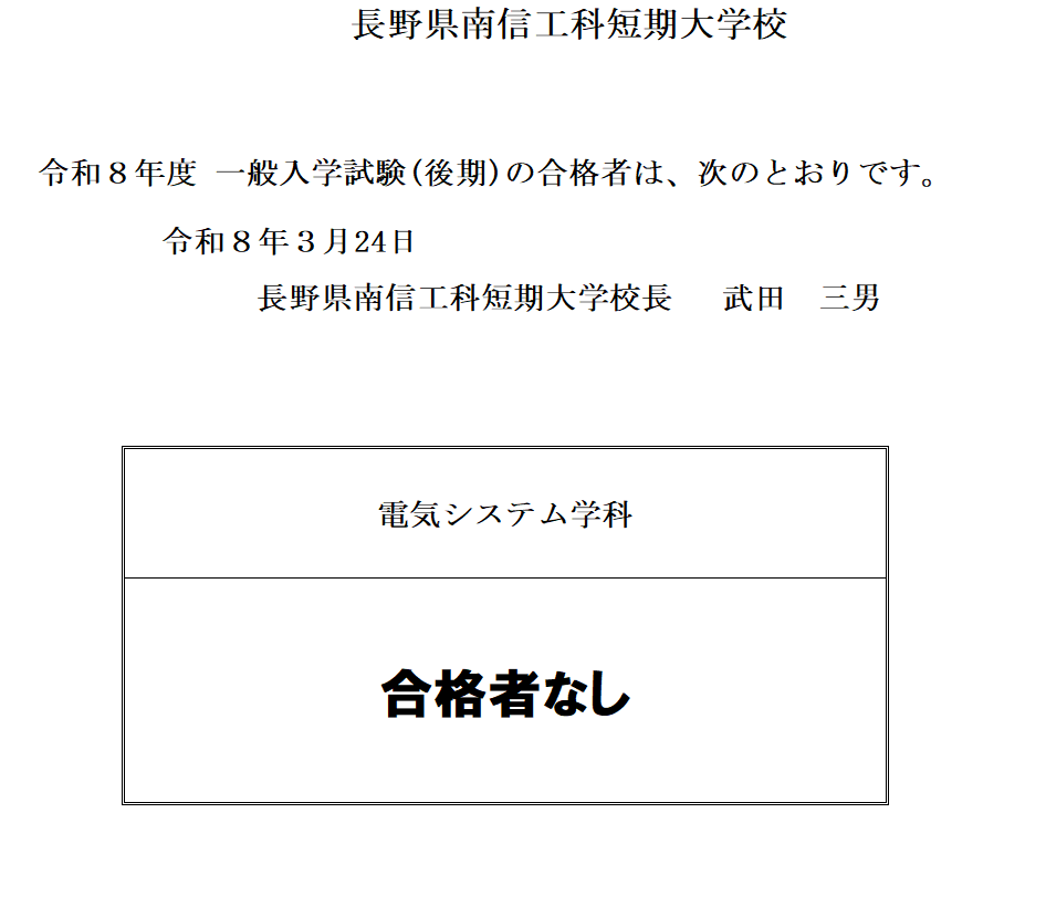 令和8年度　一般入学試験(後期)の合格者について