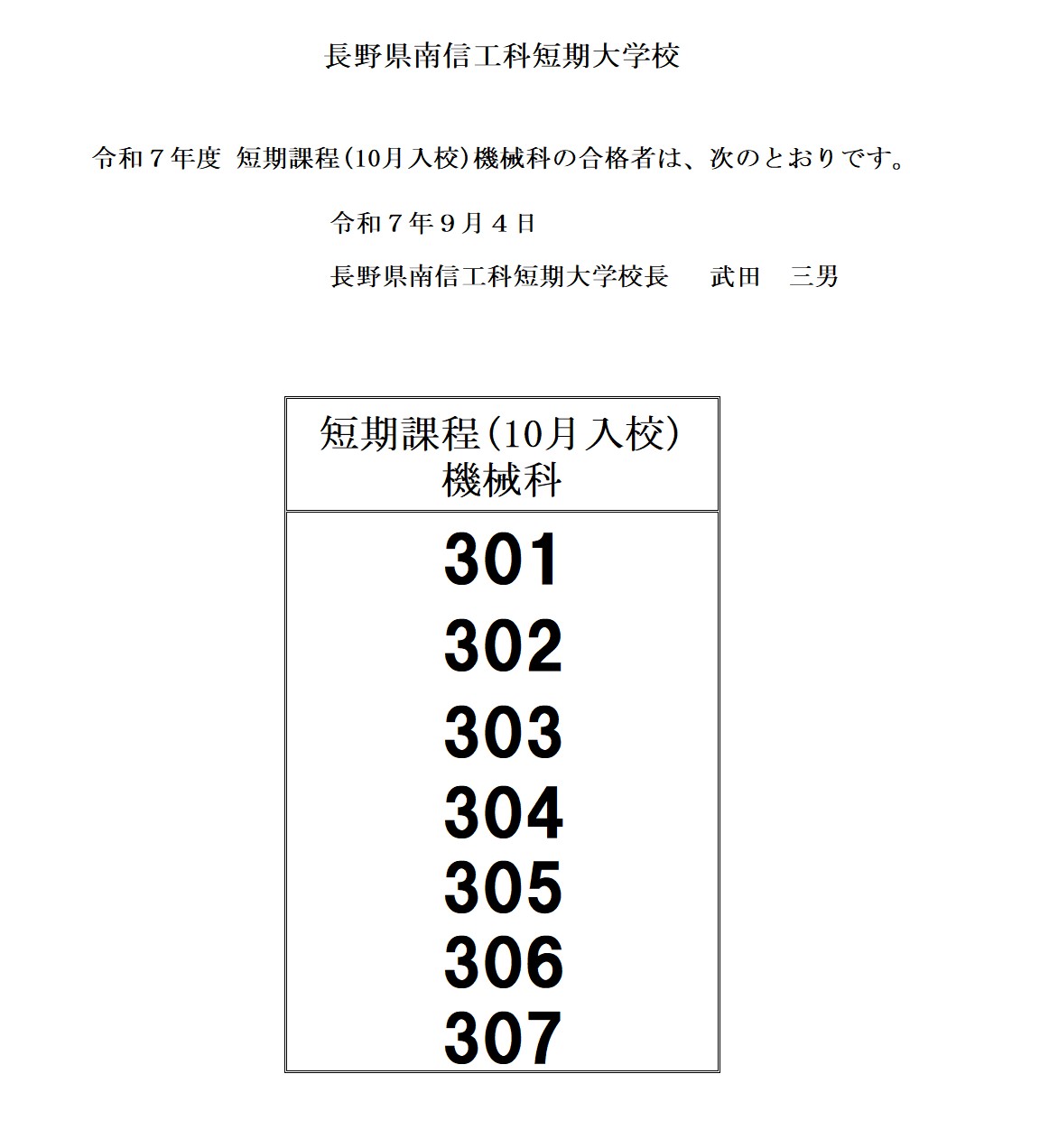 令和７年度　短期課程(１０月入校)機械科合格者について